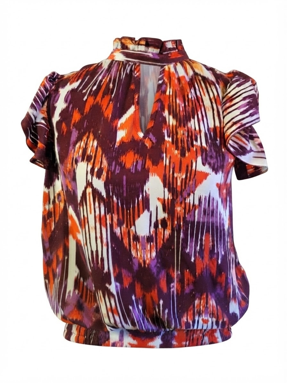 New York & Company Purple, Orange & White Abstract Mock Neck Blouse